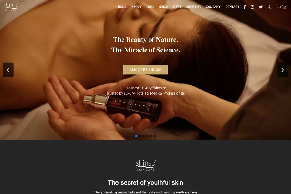 Screenshot of the Shinso Skin Care website (shinsoskincare.com)